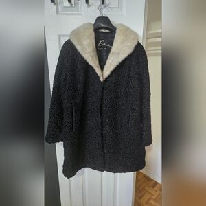 Vintage Evans Black Persian Lamb Fur Coat with Mink Collar - Small